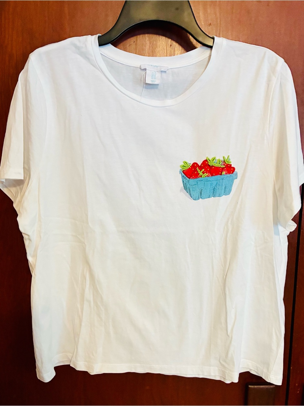 Cynthia Rowley White Short Sleeve Tee with Strawberry Carton Patch
